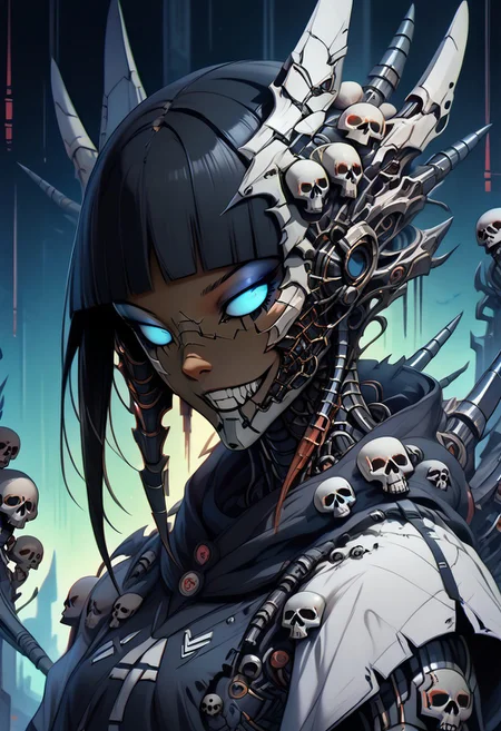 made of skulls, mcnm, EskaPXL, sinozick style, score_9, score_8_up, score_7_up, score_6_up, detailed drawing, 1girl, solo, Eska (Avatar), perfect face, dominant smile, sat upon a throne of skulls, cross legged.
alien, robot, insect, furry, hybrid, exoskeleton, bio-armour, claws, spikes, quills, cybernetics,
black hair, dark-skinned female, dark skin, bangs, blunt bangs, sidelocks, blue eyes, eyeliner, makeup,