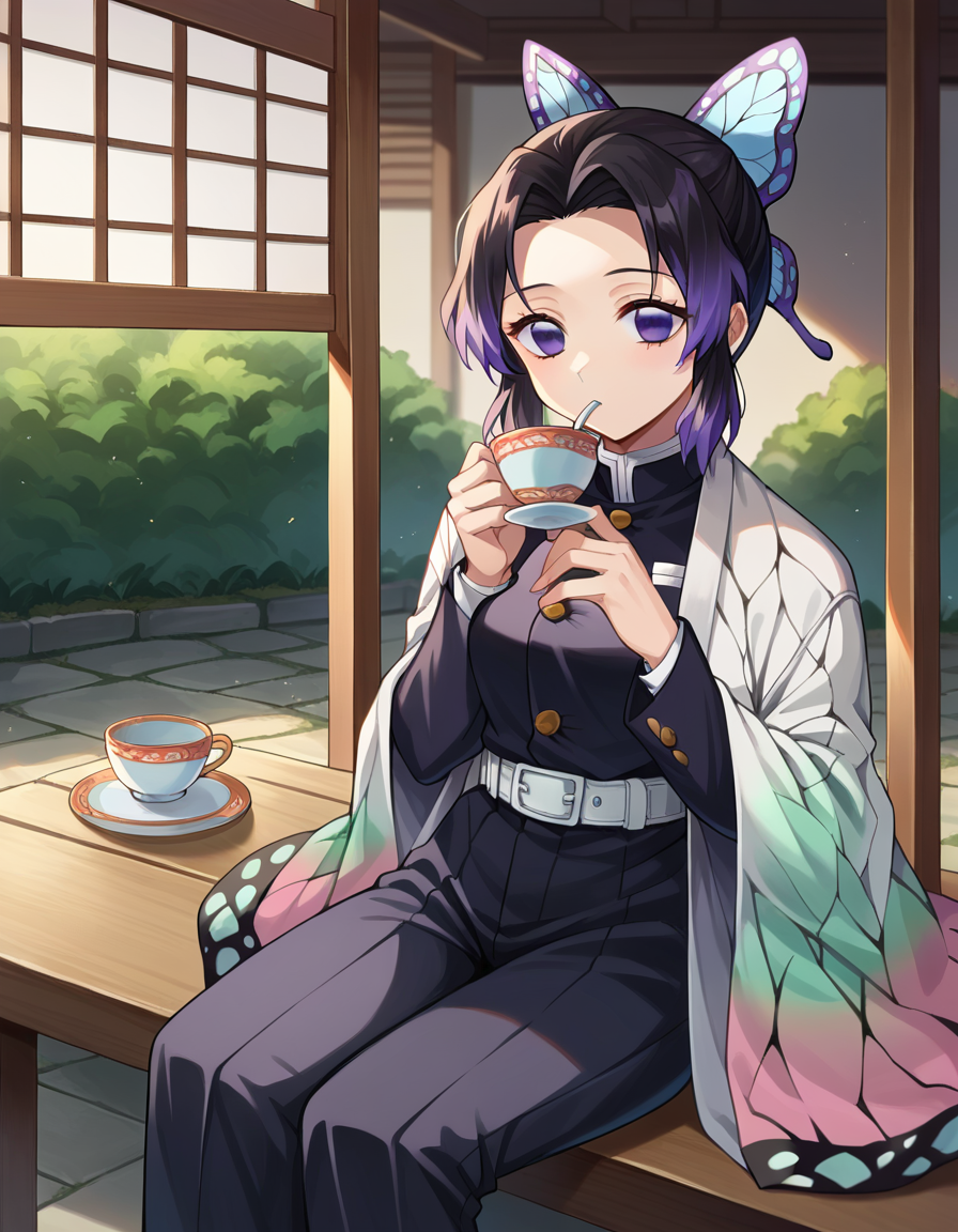 score_9, score_8_up, score_7_up, source_anime,
shinobukochou, <lora:shinobu-kochou-ponyxl-lora-nochekaiser:1>,
shinobu kochou, animal print, black hair, butterfly, butterfly hair ornament, butterfly print, forehead, gradient hair, hair ornament, haori, multicolored hair, parted bangs, purple hair, short hair, two-tone hair,
belt, black pants, butterfly print, coat, demon slayer uniform, haori, japanese clothes, pants, uniform,
outdoors, porch, sitting, teacup, drinking,
looking at viewer, dutch angle, cowboy shot,