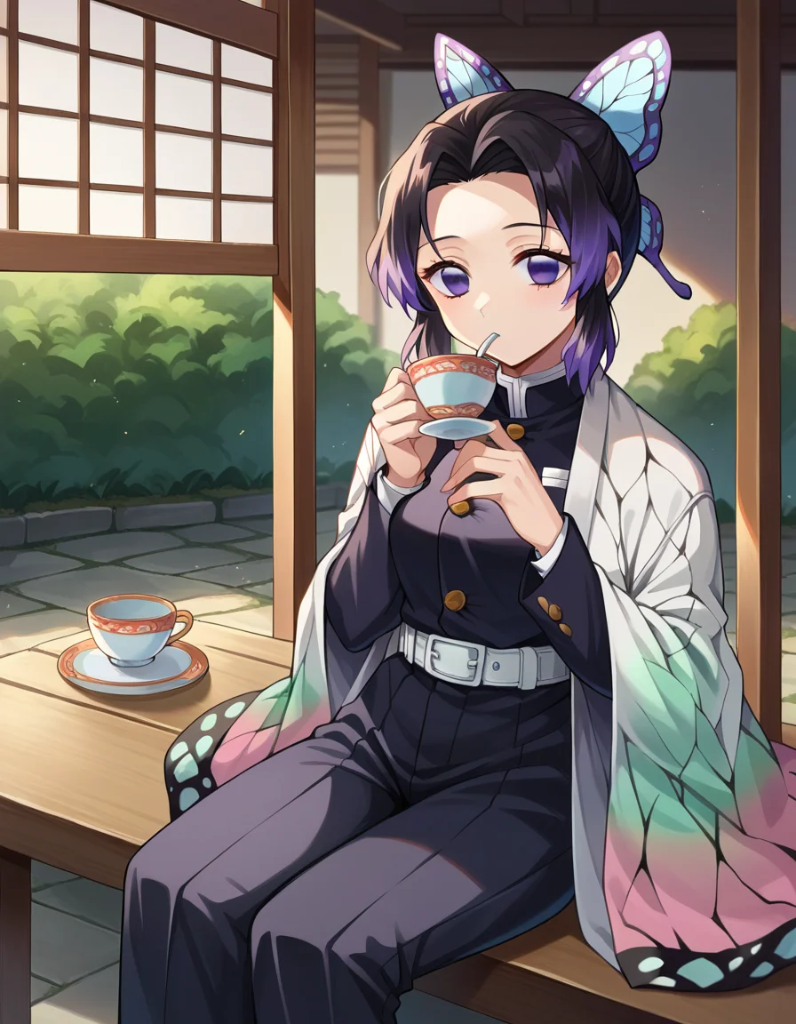 score_9, score_8_up, score_7_up, source_anime,
shinobukochou, <lora:shinobu-kochou-ponyxl-lora-nochekaiser:1>,
shinobu kochou, animal print, black hair, butterfly, butterfly hair ornament, butterfly print, forehead, gradient hair, hair ornament, haori, multicolored hair, parted bangs, purple hair, short hair, two-tone hair,
belt, black pants, butterfly print, coat, demon slayer uniform, haori, japanese clothes, pants, uniform,
outdoors, porch, sitting, teacup, drinking,
looking at viewer, dutch angle, cowboy shot,