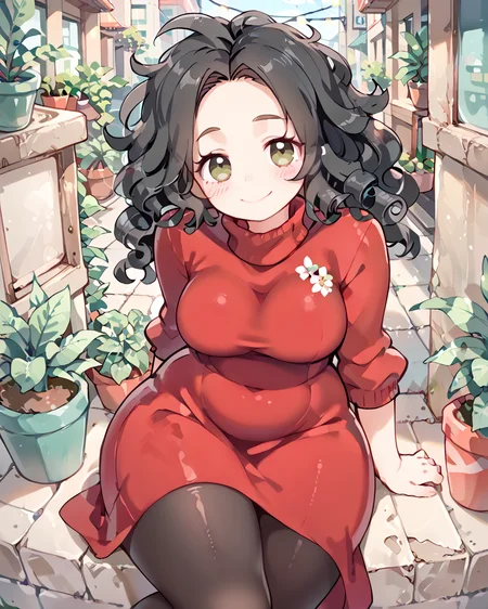 PonyScores7, source_anime, ah1, <lora:ekuuekuraXLlokr4fill:0.8>
BREAK 1girl, (curly hair), long hair, (black hair:1.3), mature female, (parted hair:1.7), (round face:1.2), (thick eyebrows), (curvy), round-chin, (greenish hazel eyes:1.4), caucasian, (downturned eyes:1.2), (plump face), messy hair, <lora:Round_face:0.1>, <lora:ETO_OCPonyXL:0.5> eto_oc, skindentation, (plump), thick thighs, wide hips, busty, voluptuous, kinky curls, lips, <lora:venus body PonyXL:0.4>, (shy, blush, smile, mischievous), (Sitting, one leg bent and the other leg extended), (Urban Courtyard, surrounded by tall buildings, string lights overhead, potted plants adding greenery, intimate and cozy), looking at viewer, (dark blue crisp white turtleneck under a vibrant red dress with black tights),
BREAK <lora:xl_more_art-full_v1:0.2>, <lora:shinyskin2:0.2> glistening skin, <lora:aesthetic_anime_v1s:0.2>, <lora:Expressive_H:0.2> Expressiveh, <lora:hairdetailpxl:0.2> hairdetailpxl, <lora:EpicF4nta5yXL:0.2>, <lora:detailxl:0.2> detailxl, <lora:Fant5yP0ny:0.2>, best quality, amazing quality, best aesthetic, absurdres, <lora:expressive eyes:0.2> expressive eyes, <lora:eyedetailpxl:0.2> eyedetailpxl, illustration, Volumetric_Lighting, ultra-detailed, very aesthetic, intricate details, 8k, masterpiece, best_quality 
BREAK (High Angle shot) 
BREAK <lora:Eyes_High_Definition:0.3> EyesHD, Stable_Yogis_PDXL_Positives, AS-Adult, <lora:Complicated fantasy portrait - XL Pony V2.0:0.4>, bad-hands-5