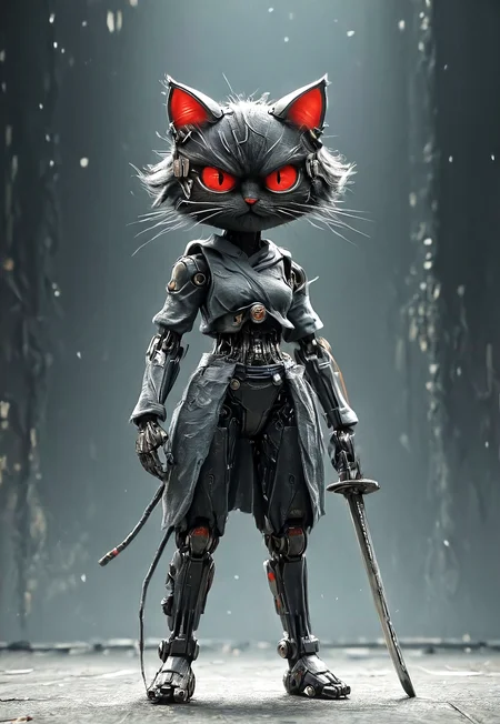 Anime cyber warrior japan cat,full body, fluffy, sword, catana, enormous angry eyes, curious expression,stylized digital illustration of a female cybernetic samurai, robot girl, lens eyes, robot joints, mechanical parts, dramatic pose, cybercity background, red light mushrooms, textured fur, wispy whiskers, tim burton style, dark whimsical, detailed