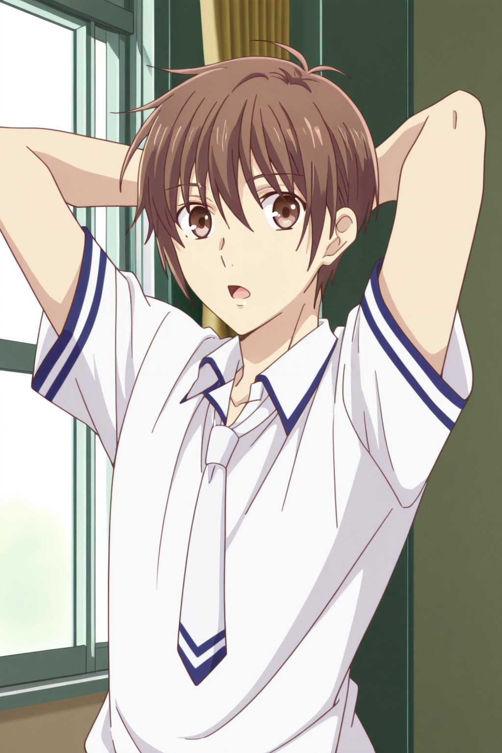 <lora:FruitsBasket:1>, FruitsBasket, 1boy, male focus, shirt, necktie, solo, open mouth, white shirt, brown hair, short sleeves, school uniform, collared shirt, indoors, arms behind head, brown eyes, looking at viewer, white necktie, upper body, window, hair between eyes, arms up, cowboy shot,