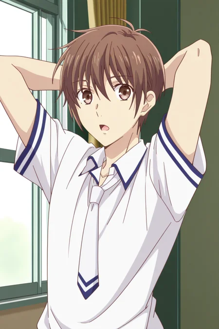 <lora:FruitsBasket:1>, FruitsBasket, 1boy, male focus, shirt, necktie, solo, open mouth, white shirt, brown hair, short sleeves, school uniform, collared shirt, indoors, arms behind head, brown eyes, looking at viewer, white necktie, upper body, window, hair between eyes, arms up, cowboy shot,