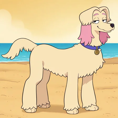 Little_B(H), Solo, 1girl, feral, dog, afghan hound, tan fur, pink ears, dog ears, black nose, black eyes, pink eyebrows, blue collar, gold dog tag, dog tail, looking at viewer, full body, eyes half closed, smiling, standing, beach background,