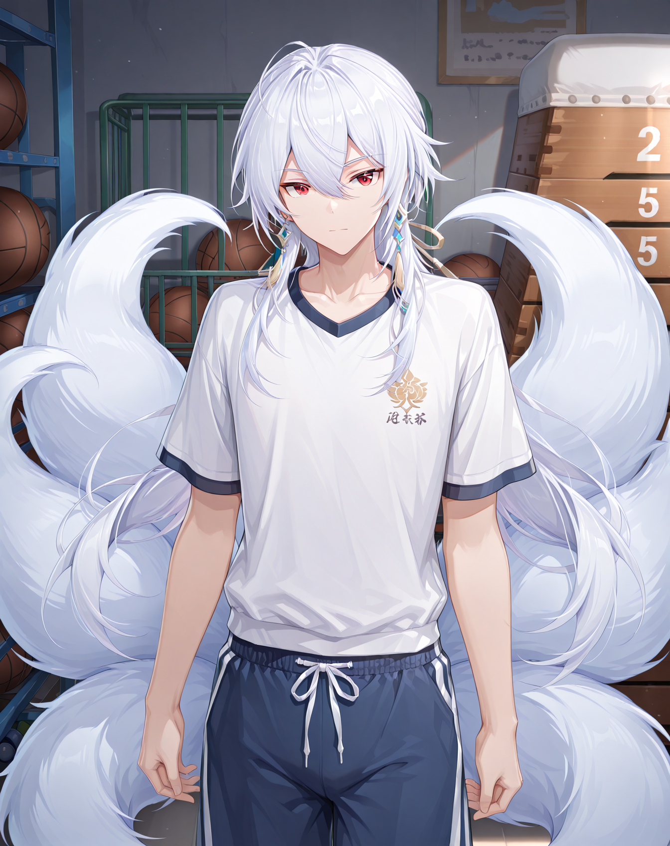 masterpiece, best quality, absurdres, very aesthetic,
1boy, solo, yaoi, male focus,
looking at viewer, cowboy shot, standing,
<lora:AsinT_FSI:1> asintfsi, red eyes, hair between eyes, long hair, white hair, fox tail, multiple tails,
gym uniform, gym shorts, gym shirt,
indoors, gym storeroom, gym,