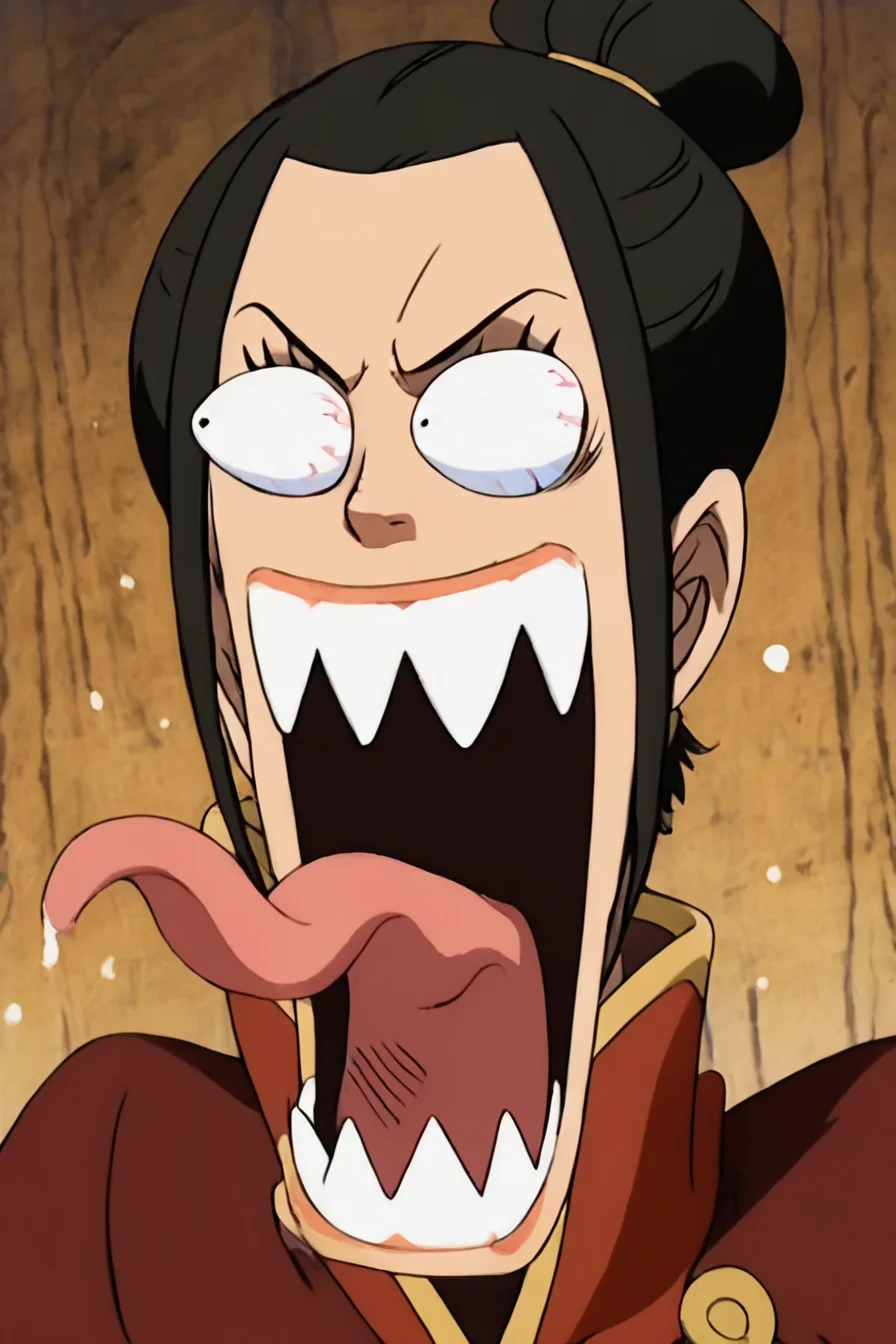 score_9, score_8_up, score_7_up, score_6_up, score_5_up, score_4_up,<lora:azula-book2-ponyxl-lora-nochekaiser:0.8> azula, black hair, brown eyes, topknot, sidelocks, hair bun, single hair bun,1girl, alone, masterpiece, highres, highly detailed face, <lora:onepiece_funny_face:1.2>, one_piece_funny_face, eye pop, snot, sharp teeth, eyes vein lines, open mouth, tongue out, long tongue