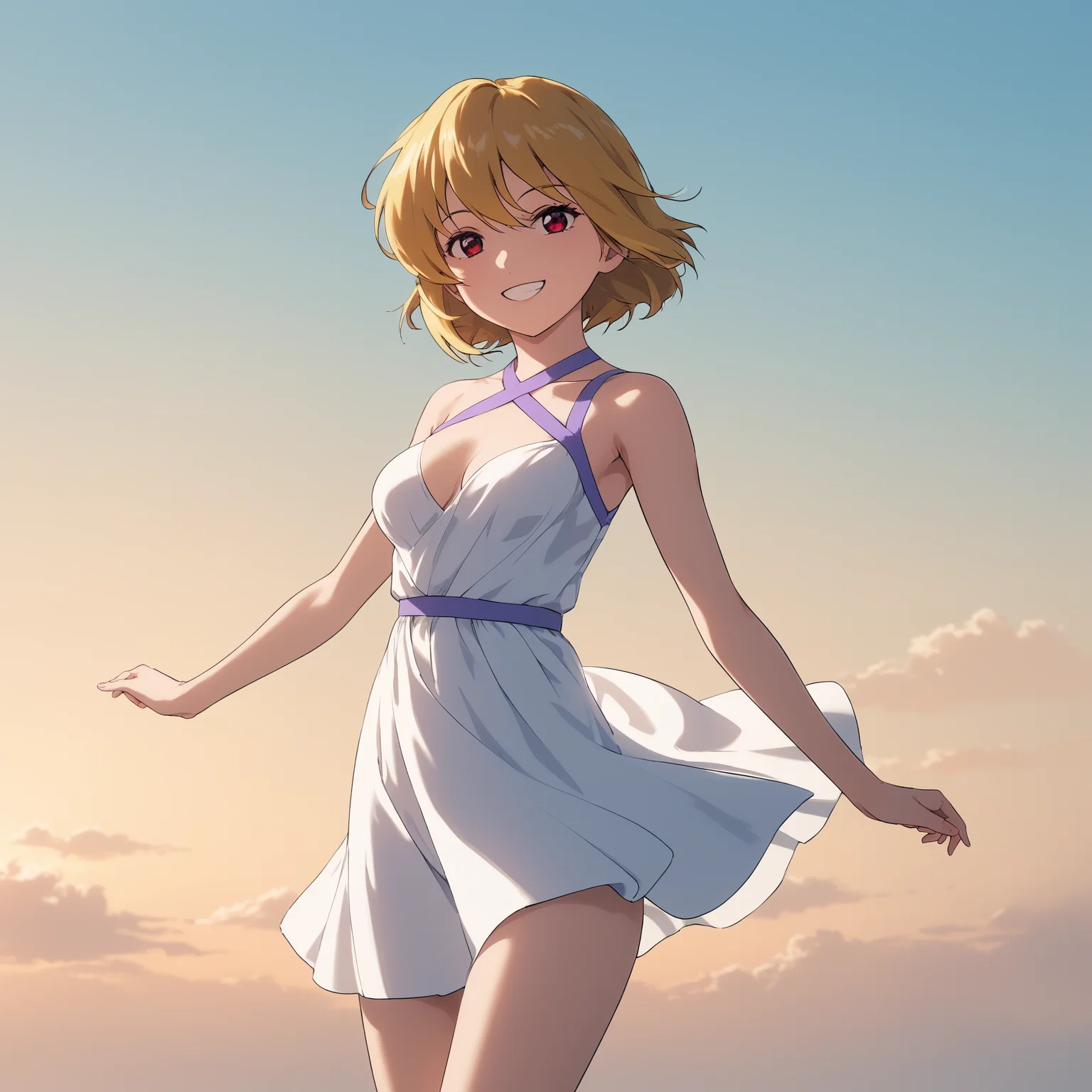 score_9, score_8_up, score_7_up, (masterpiece, best quality:1.2), volumetric lighting, uncensored, beautiful art, good anatomy, 
1girl, Stella Loussier, solo, blonde hair, short hair, red eyes,
#(orgasm face, blushing, pleasure, half-closed eye, sweat, steaming body),
#(shame face, blushing, embarrassed, half-closed eyes,panic,fear, closed mouth, drop sweat:1.1),
#(half-closed eyes, blushing, sweatdrop, puff, nervous),
#(steaming face, blushing, stifled, let go, half-closed eye, looking pleasure),
#(reculant orgasm, blushing, at her limit, [looking pleasure], looking away, steaming body:1.3),
#(drunk face, blushing),
#(relax face, blushing, lounging, slutty),
#(blushing, innoncent, finger to mouth)
#(blushing, steaming body, half eyes closed, open mouth, embarrassed:1.2),
#(blushing face, confusion, cross-eyed, shocked),
#(disgust, blush, blushing, open mouth, taers:1.2),
#(seductive, blushing, half-closed eyes, saliva:1.2),
#(tickle eyes, tickle face, blushing, tickle tears, laughing a lot, tears, closed eyes:1.2)
#(hard work, orgasm face, half-closed eye, wink, steaming body, slutty, blushing, pleasure, maximum effort:1.2)
#(sleepy face, half-closed eyes, one_eye_halfway_closed, rubbing eyes, closed mouth, saliva drip:1.2)
(happy, smile:1.2),
(medium breasts, #nipples, swooping breasts, perky breasts),
(petite, small hips, small ass, slim bum, thigh gap, slim thighs, slim legs:1.2),
#(pussy, clitoris, anus, pubic hair, blushing)
white dress, background sky,
<embedding:detailxl:1>, detailxl,