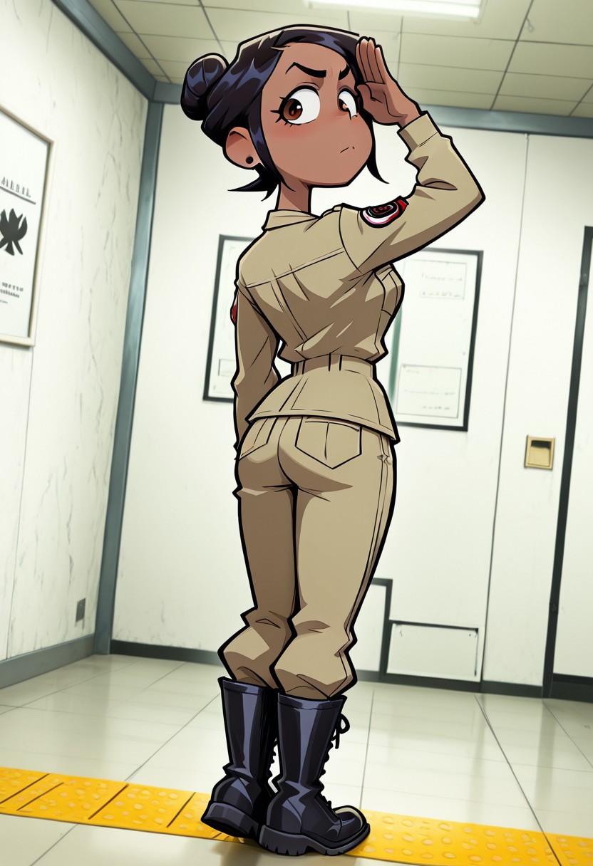 masterpiece, best quality, amazing quality, accurate style, detailed face, accurate colors, detailed eyes,
valbun,
0lg4EL10, 1girl, dark skin, black hair, hair bun, brown eyes, slicked hair, solo,
military uniform, pants, earrings, boots,
saluting, military salute, looking at viewer, standing upright, feet together, at attention, back straight, dramatic angle,
hangar background,