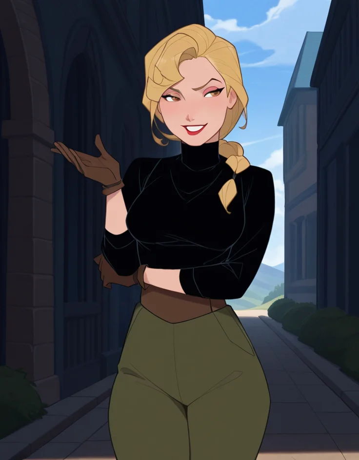 masterpiece, best quality, amazing quality, very aesthetic, absurdres,  newest, detailed background, cowboy shot, 4k, 8k, outdoors, beautiful eyes, hyperdetailed,
helgaxd, blonde hair, lips, 1girl, solo, blonde hair, gloves, lipstick, makeup, braid, brown gloves, smile, single braid, long hair, turtleneck,
<lora:Helga_Sinclair_-_Disney_Illustrious:1>