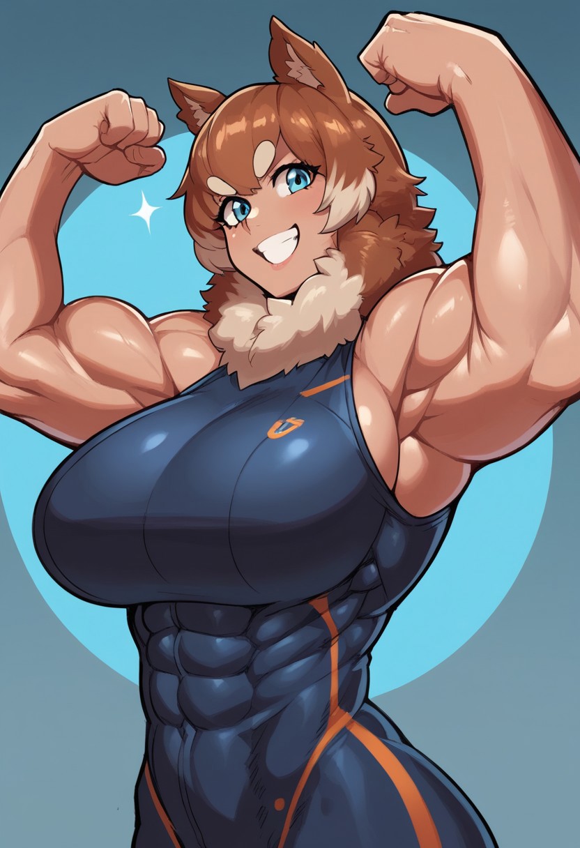 score_9, score_8_up, score_7_up, curvy, smooth outlines, ultra quality, (detailed fur texture), dutch angle, 1girl, Feliciaxl, muscular female, fur tuft, brown hair, blue eyes, animal ears, standing, posing, dutch angle, sports bodysuit, upper body, bodybuilder pose, flexing, smiling, looking at viewer