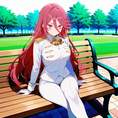 masterpiece, best quality, absurdres, ultra detailed eyes, safe 1girl, solo,
Yarim0n0Ath3n4, White Uniform, 1girl, sitting on a bench, park, legs crossed