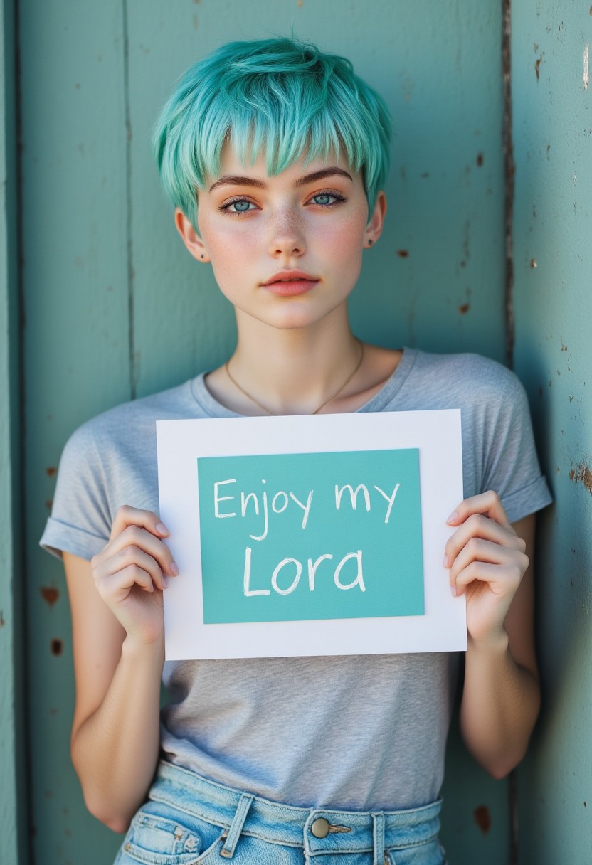FictionalVicky short teal pixie cut hairstyle, slender frame, pale white skin, blue eyes. Holding a sign that reads "Enjoy my Lora"
