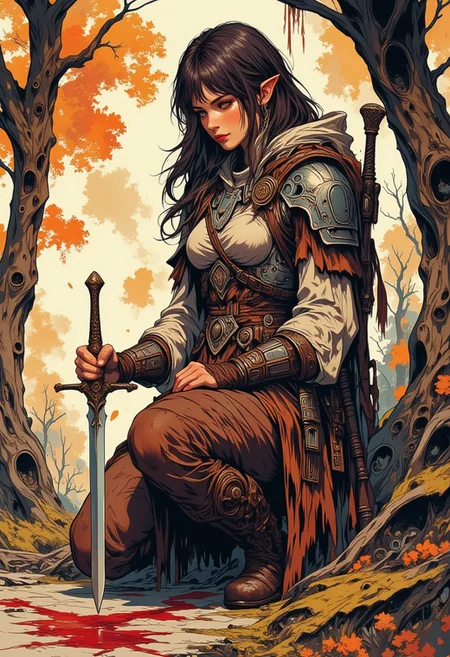 Stunning female barbarian warrior in deerskin tunic, iron breastplate, leather boots, holding a dagger, kneeling to examine a bloodstain on the forest floor at dawn.  She has sark eyeshadow, red lips, long dark hair, bangs, sidelocks.  Impressionistic anime-style scene, Mixed art style, loose, painterly impressionist brushstrokes for depth and atmosphere, anime-style character details, ligne claire outlines for clarity and structure.