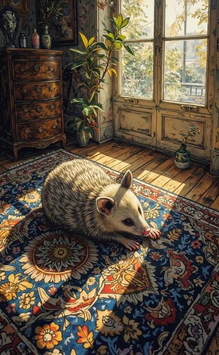 <lora:ck-Ivan-Beslic-Art-Style-000019.safetensors:1> A highly detailed and vibrant digital painting in the style of ck-ib
In the heart of a quiet, sunlit room, an opossum reclines gracefully on a lavishly patterned rug, the scene rendered with the meticulous detail of a graphic novel illustration. The opossum, its fur a soft blend of beige and gray, is captured from a low angle, emphasizing its serene and almost regal posture. The intricate Persian-inspired design of the rug, with its deep blues, vibrant reds, and shimmering golds, forms a stunning contrast to the opossum’s gentle coloring.
The lighting is soft and diffused, casting a tranquil, dreamlike aura over the scene. Shadows are hand-drawn with deliberate, precise strokes, enhancing the form and depth of the opossum and the rug. Fine details in the opossum’s fur and the rug’s patterns are highlighted, creating a sense of ethereal mystery and layered depth.
The composition is harmonious, with the opossum’s relaxed stance and the flowing contours of the rug’s design merging into a scene of refined beauty. The opossum’s eyes, though closed in peaceful repose, hint at a world of quiet strength and elegance. This image, perfect for framing or as a unique digital wallpaper, captures the charm of nature in a sophisticated and captivating way.