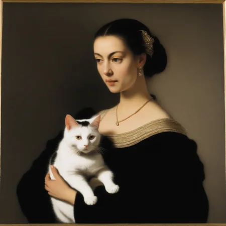 a painting of a woman holding a cat <lora:RembrandtXL_v1:1>