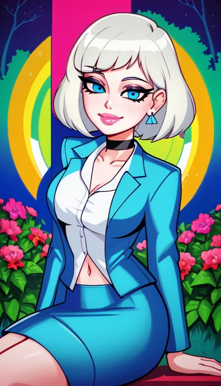 (dreamlikeart style redshift style analog style:1.2),mdjrny-v4 style, studio_ghibli_anime_style style, copeseethemald style,thepit bimbo,glossy sexy bimbo,

1girl, solo,

pantsuit, business suit, elegant suit, three piece suit, white shirt, skirt,
[person:Ashley Graham:0.60]
beautiful detailed blue_eyes,
smile,
outside, nature, trees, flowers,
medium shot,
crossed legs,

[(colorful explosion psychedelic paint colors:1.2)::0.20],

cover art, illustration, studio shot, (anime:0.8),

smooth skin,oily skin, subsurface skin scattering, shiny skin, vax, 3d, plastic,
choker, earrings, eyelashes, eyeshadow, lips, lipstick, jewelry, makeup, nose, parted_lips, navel,(delicious:0.7)