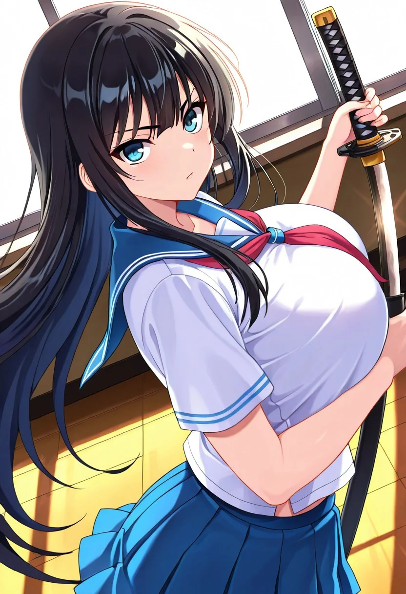 general,highres, ultra-detailed,very aesthetic,best quality ,best hands,best eyes,easynegative,
dynamic anglre, dutch angle, anime cloring,
1girl solo,looking at viewer,school, holding katana,fighting,
Ikaruga,black_hair, long_hair, blue_eyes, huge_breasts,school uniform,