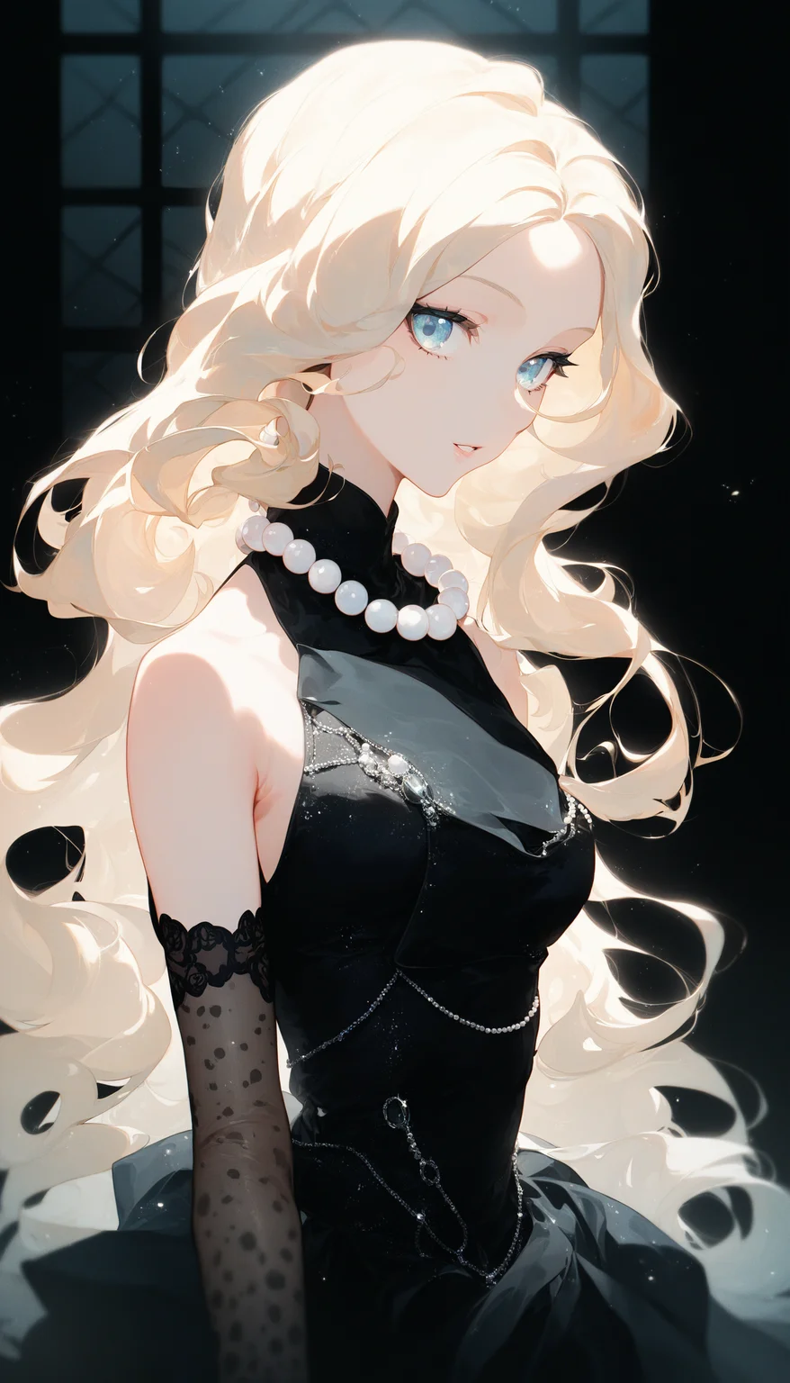 black theme, 1girl, solo, pearl necklace, blonde hair, black gloves, black dress, elbow gloves, looking at viewer, pearl \(gemstone\), black background, bare shoulders, parted bangs, very long hair, sleeveless dress, parted lips, simple background, dappled sunlight, window shade,
score_9, score_8_up, score_7_up, masterpiece, very aesthetic
<lora:quality_modifiers_masterpieces_v1:1>