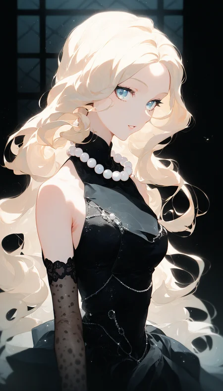 black theme, 1girl, solo, pearl necklace, blonde hair, black gloves, black dress, elbow gloves, looking at viewer, pearl \(gemstone\), black background, bare shoulders, parted bangs, very long hair, sleeveless dress, parted lips, simple background, dappled sunlight, window shade,
score_9, score_8_up, score_7_up, masterpiece, very aesthetic
<lora:quality_modifiers_masterpieces_v1:1>
