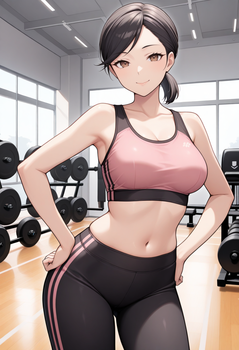 masterpiece, best quality, 1girl, solo, looking at viewer, cowboy shot, smile, gym, hands on hips
pink sports bra, black yoga pants
 <lora:zs_UeharaILLU:1> u3h4rap4, black hair, ponytail, brown eyes, mature lady