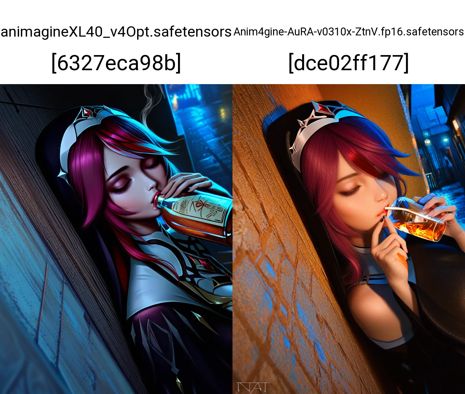 Realistic,  
1girl, solo, rosaria, genshin impact, nun, drinking outside the church, dutch angle, soft rain, night, street, dark Alley, drinking, alcohol, cigarette, smoke, side view perspective, leaning against the wall,close view, AnimA, masterpiece, best quality, good quality, newest, very aesthetic, absurdres,,