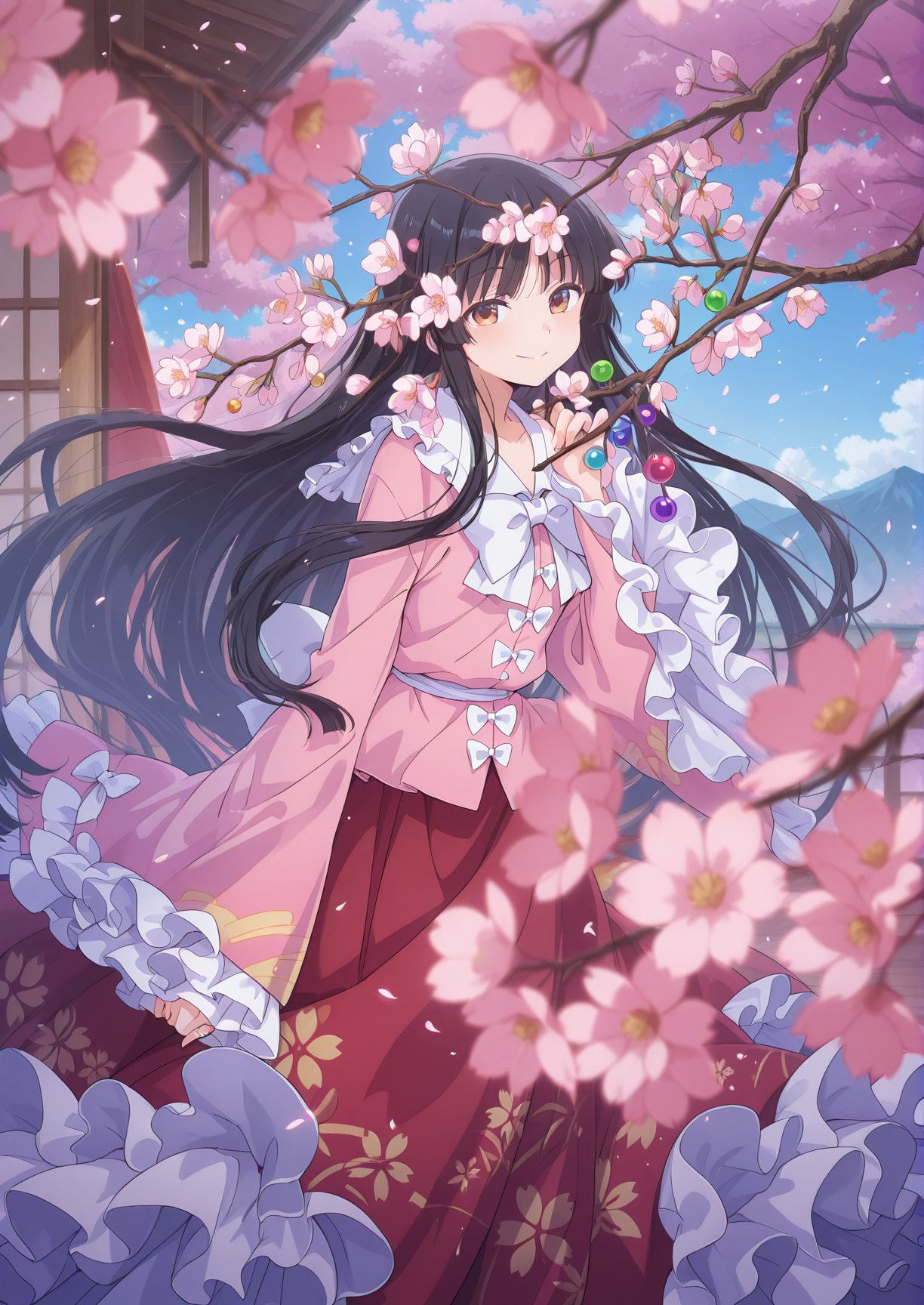 absurdres, highres, masterpiece, best quality, amazing quality, official anime artwork, screencap, anime screencap, looking at viewer, 
 <lora:Kaguya-Houraisan_Illustrious:1> houraisan kaguya, 1girl, solo, brown eyes, black hair, long hair,, pink shirt, long sleeves, wide sleeves, white bow, red skirt, long skirt, floral print, jeweled branch of hourai, 
day, sakura, jewelry, smile, petals, floating hair, light particle,