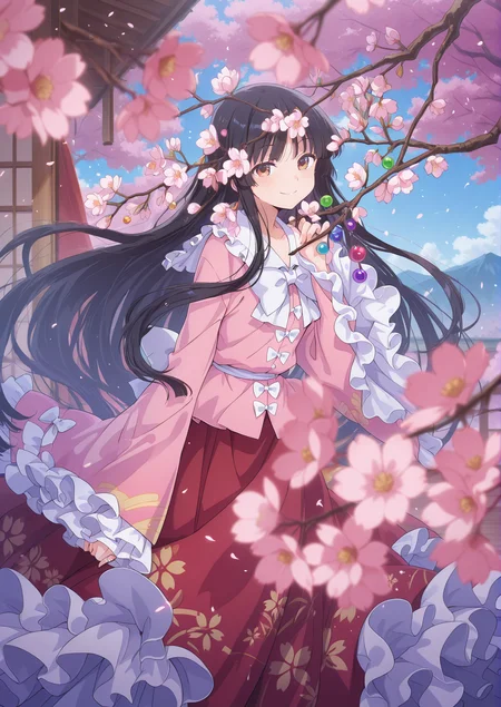 absurdres, highres, masterpiece, best quality, amazing quality, official anime artwork, screencap, anime screencap, looking at viewer, 
 <lora:Kaguya-Houraisan_Illustrious:1> houraisan kaguya, 1girl, solo, brown eyes, black hair, long hair,, pink shirt, long sleeves, wide sleeves, white bow, red skirt, long skirt, floral print, jeweled branch of hourai, 
day, sakura, jewelry, smile, petals, floating hair, light particle,