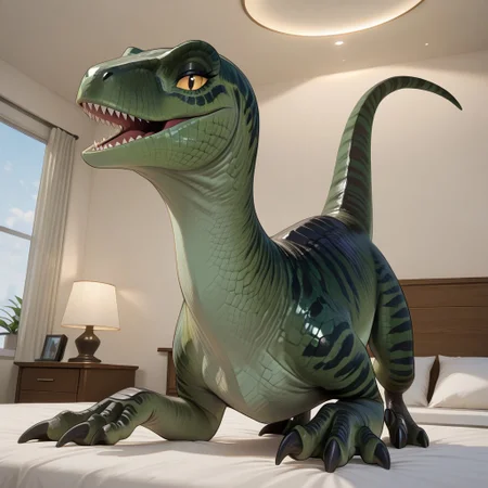 1girl, highres, absurdres, newest, masterpiece, best quality, furry, furry_female, dinosaur, raptor, scales, tail, claws, talons, Charlie_jw, green scales, black stripes, yellow sclera, slit pupilsl, (feral, quadruped:1.3), detailed eyes, on_bed, on_stomach, open_mouth, open mouth smile, luxurious detailed room, bright room, day scene, professional lighting, white bed, solo, bedroom, smiling, seductive, looking_at_viewer, masterpiece, close up, safe