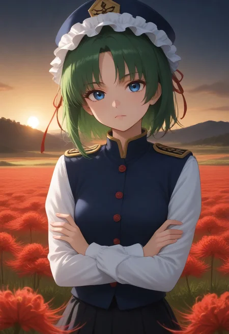 1girl, solo, solo focus, highres, absurdres, shikieiki, green hair, frilled hat, blue eyes, blue headwear, short hair,
long sleeves, black skirt, white shirt, blue vest, red ribbon, epaulettes, small breasts, arm ribbon, buttons,
looking at viewer, crossed arms, head tilt, 
red spider lily, flower field, night, night sky, red sky, backlighting,