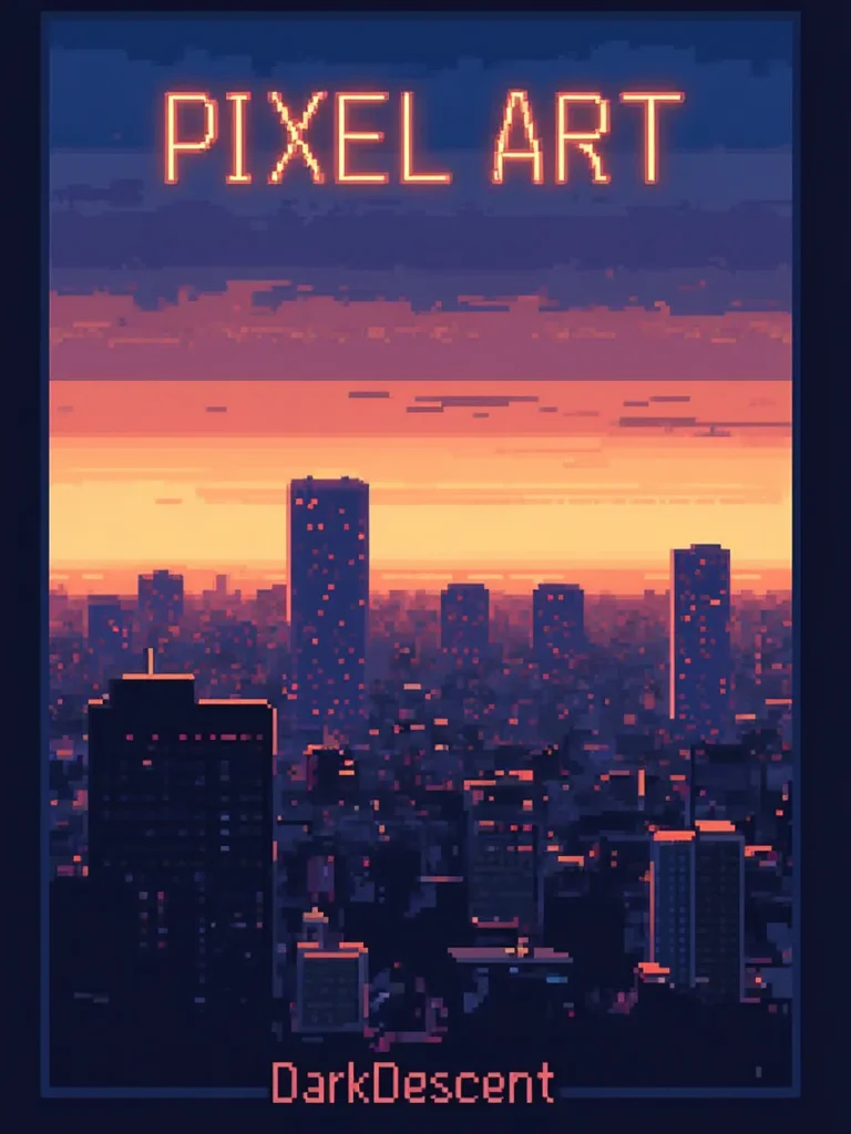 A pixel art poster for marketing. The poster text reads: "Pixel Art". At the bottom smaller text reads: "DarkDescent". In the background is a city skyline at sunset. Designed by a genius and given to the common folk on the internet.<lora:General Flux\darkdescent-pixel-art.safetensors:0.9:1.0>