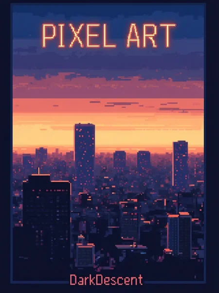 A pixel art poster for marketing. The poster text reads: "Pixel Art". At the bottom smaller text reads: "DarkDescent". In the background is a city skyline at sunset. Designed by a genius and given to the common folk on the internet.<lora:General Flux\darkdescent-pixel-art.safetensors:0.9:1.0>