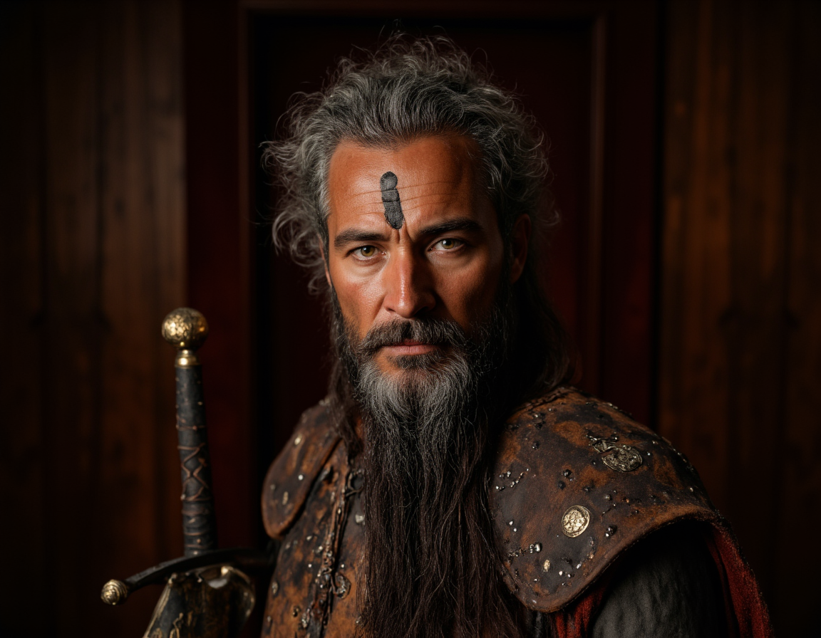 <lora:{people, }People:0.85> people, A breathtakingly detailed, 4K photorealistic portrait of an ancient warrior, set against the dramatic backdrop of a dark, old studio. The warrior, a grizzled, aged man of rugged, weathered appearance, with a strong, chiseled face, worn leather-like skin, and a distinctive, battle-hardened scar above his left eyebrow, stands proudly, his piercing, weary eyes seeming to hold a thousand untold stories. His hair is a wild tangle of gray locks, framing his face and falling to his shoulders, and his beard is long and braided with tiny, glinting silver trinkets that reflect the faint, flickering light of the studio. He wears a suit of battered, ancient armor, adorned with the symbols of his people, and carries a mighty, worn sword at his side, its leather-wrapped hilt creaking with age and use. The studio itself is a dimly lit, atmospheric space, with rich, dark wood paneling, and heavy, velvet drapes that filter the light, casting deep, mysterious shadows across the warrior's face and form. The lighting is warm, golden, and intimate, with a soft, cinematic glow that emphasizes the textures and contours of the warrior's face and armor, and the overall mood is one of quiet, brooding intensity, as if the warrior is lost in thought, reflecting on a lifetime of battles and conquests. The shot is a close-up, shot from a slightly low angle, looking up at the warrior, which adds to his powerful, imposing presence, and the image features a shallow depth of field, with a subtle, nuanced blur that softens the background, while keeping the warrior's face and armor sharp and crystal clear. The photorealistic rendering style is hyper-detailed, with intricate textures and subtle, realistic shading that brings the warrior and his surroundings to vivid, pulsing life. 8k highest resolution with sharp intricate details. Hyperrealistic, detailed, and vivid. . 35mm photograph, film, bokeh, professional, 4k, highly detailed
