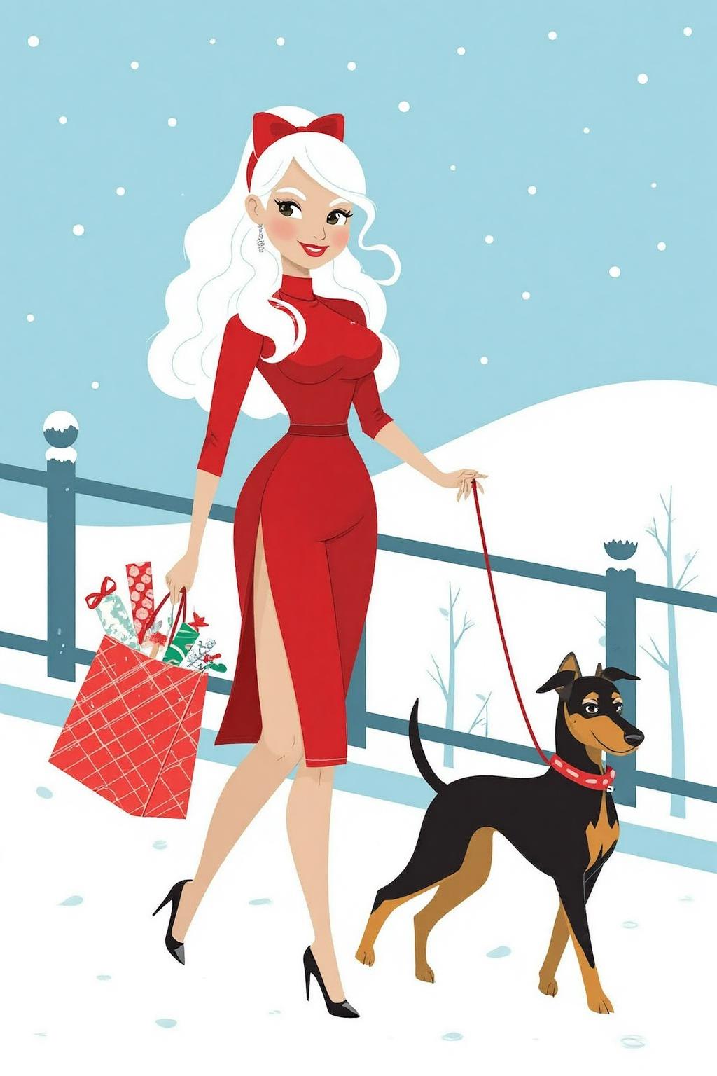vector art. 
A woman with long, wavy white hair is wearing a red dress with a high slit and a red bow in her hair. She is walking in the snow on a bridge, holding a shopping bag filled with wrapped presents in one hand and a leash attached to a dobermann dog in the other. <lora:vectorart1_cap_d6a3:1.0><lora:844073168298812374:0>