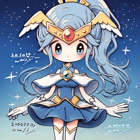 <lora:zukky000-10:1.5> <lora:blorgkb:1> lorbeco, long hair, light blue hair, ponytail, star_(symbol), headpiece, forehead star gem, ahoge, head wings, blue eyes, android, magical girl, gloves, thighhighs, detached sleeves, skirt, white footwear, shoulderless shirt, blue shirt, blue skirt, white thighhighs, gold trim, white capelet, blue trim, large breasts