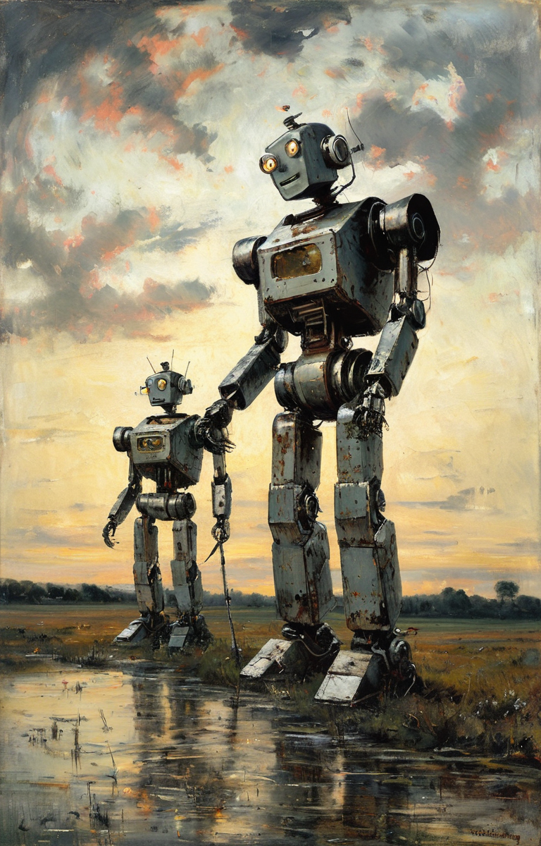 masterpiece,best quality,<lora:tbh291-sdxl:0.9>,illustration,style of Charles-Francois Daubigny portrait of Housework robots