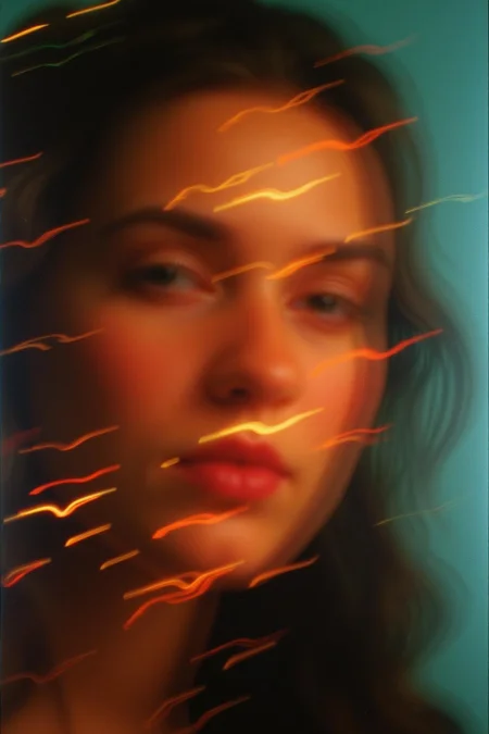 An abstract pattern of film burns and dynamic light streaks creates a vivid backdrop, shrouding a vaguely distinguishable, blurry photo of a face. The face is partially obscured by the chaotic interplay of intense film burns and radiant light patterns, which merge and swirl in an intricate, ethereal composition. The image features a high level of abstraction with distorted light and shadow, giving only the faintest hints of facial features through the heavy blur. Grainy, grain, film grain, candid, high contrast, film burn, analog texture, partial silhouette, Chiaroscuro, off-centered, asymmetrical, highlight bloom, filmic glow, blown-out highlights, moody, herbstphoto, herbst photo.   <lora:Herbst_Photo_35mm v2:1.5> <lora:flux_realism_lora:1.0><lora:785055361259309106:0>