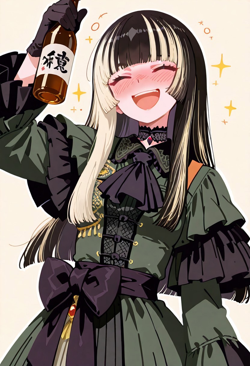 masterpiece,best quality,amazing quality, solo, juufuutei raden,solo,laughing,drunk,blush,black hair,multicolored hair,long hair,hime cut,choker,black ascot,multicolored dress,black dress,green dress,frills,black bow,waist bow,long sleeves,black gloves,cute pose,holding a bottle of Sake,
simple background,star,haiz_ai, no lineart,no outline ,<lora:ponyv6_noobE11_2_adamW-000017:0.3> <lora:MeMaXL4:0.8> <lora:veluflora-wai:0.4> <lora:haiz_ai_illu:0.7>,