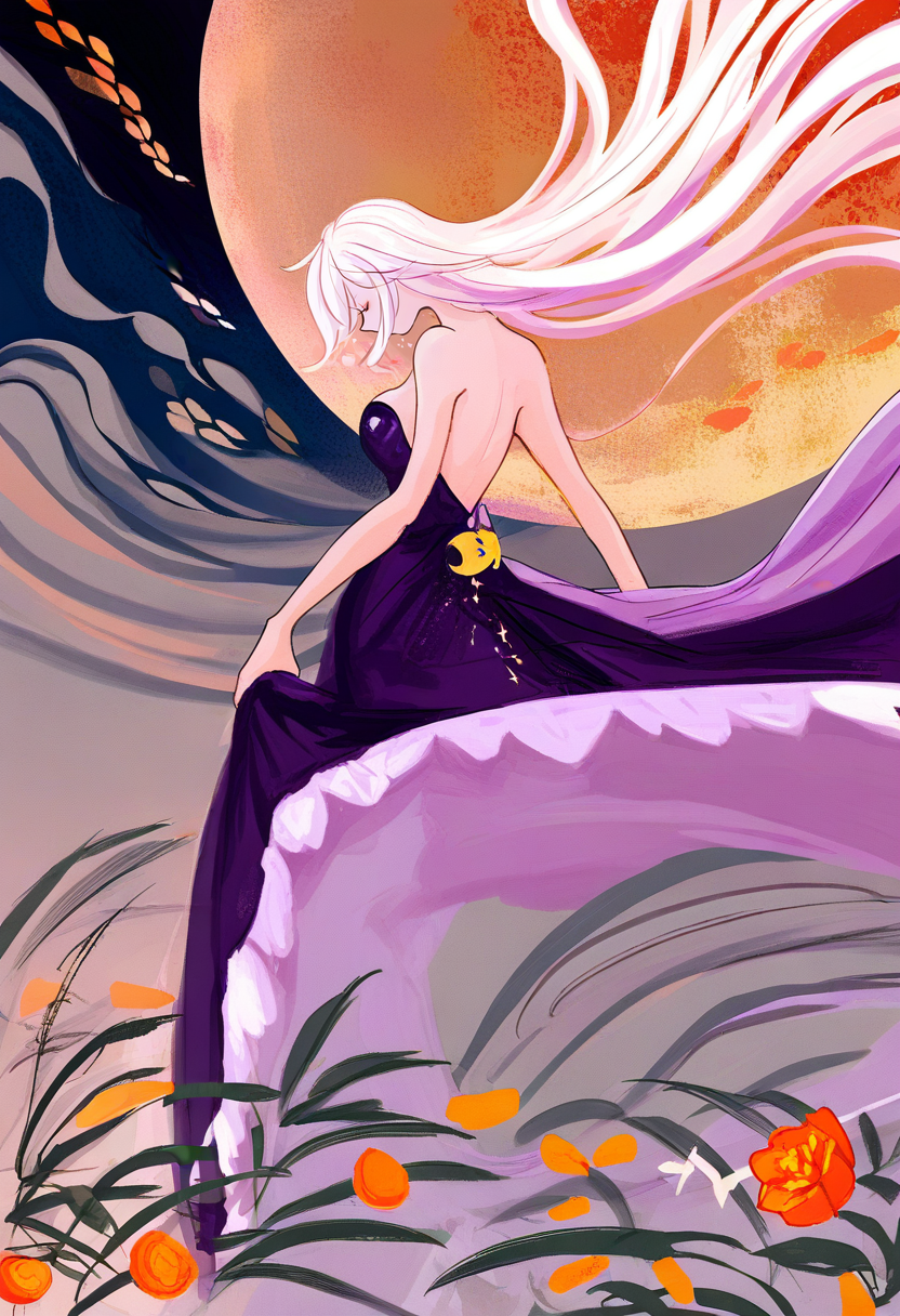 1girl, dress, long hair, solo, flower, closed eyes, moon, black dress, very long hair, white hair, breasts, profile, strapless, skirt hold, backless dress, bare shoulders, strapless dress, floating hair, crescent, backless outfit, purple dress, standing <lora:cqtlatteXL_NBVP1_lokr_V6311P:0.95>
