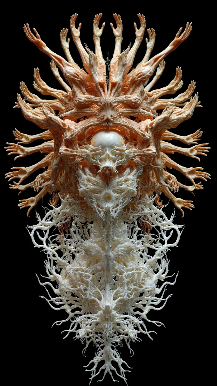 4byss, anatomical recursion with organic architecture, depicting a figure caught between two states of being. The composition presents a haunting duality: one aspect composed of intricately layered human hands forming a symmetrical exoskeleton, while the other dissolves into a delicate white coral-like structure of branching patterns and negative space.
The figure's form is defined by two distinct but interweaving patterns. The first consists of dozens of hands arranged in perfect geometric symmetry, creating a living armor that radiates outward from the central face, each finger precisely placed to create an unsettling yet mesmerizing pattern of flesh. The hands appear both protective and constraining, their warm flesh tones contrasting with hints of verdant background.
This transitions into the second state: a pristine white lattice structure reminiscent of coral or frost patterns, where the human form appears to be unraveling into an intricate network of branches and voids. The geometric patterns become organic and fractal, suggesting both growth and decay, with delicate tendrils extending outward like frozen lightning or crystallized veins.
The face remains a focal point in both aspects - in one version emerging from between carefully placed fingers, eyes piercing through the gaps, while in the other dissolving into a lacework of white branches that maintain the suggestion of human features while transcending them.
The background shifts from organic green depths to absolute darkness, emphasizing the transformation from flesh to abstract form. The overall effect creates a being caught between states of existence - part human, part architectural, part organic growth - suggesting both imprisonment within form and liberation through transformation