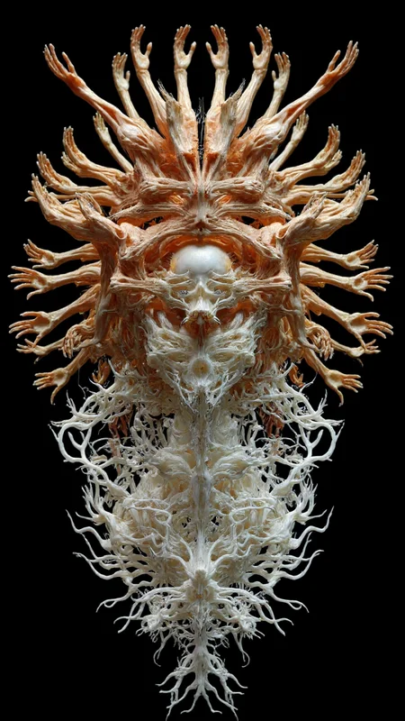 4byss, anatomical recursion with organic architecture, depicting a figure caught between two states of being. The composition presents a haunting duality: one aspect composed of intricately layered human hands forming a symmetrical exoskeleton, while the other dissolves into a delicate white coral-like structure of branching patterns and negative space.
The figure's form is defined by two distinct but interweaving patterns. The first consists of dozens of hands arranged in perfect geometric symmetry, creating a living armor that radiates outward from the central face, each finger precisely placed to create an unsettling yet mesmerizing pattern of flesh. The hands appear both protective and constraining, their warm flesh tones contrasting with hints of verdant background.
This transitions into the second state: a pristine white lattice structure reminiscent of coral or frost patterns, where the human form appears to be unraveling into an intricate network of branches and voids. The geometric patterns become organic and fractal, suggesting both growth and decay, with delicate tendrils extending outward like frozen lightning or crystallized veins.
The face remains a focal point in both aspects - in one version emerging from between carefully placed fingers, eyes piercing through the gaps, while in the other dissolving into a lacework of white branches that maintain the suggestion of human features while transcending them.
The background shifts from organic green depths to absolute darkness, emphasizing the transformation from flesh to abstract form. The overall effect creates a being caught between states of existence - part human, part architectural, part organic growth - suggesting both imprisonment within form and liberation through transformation