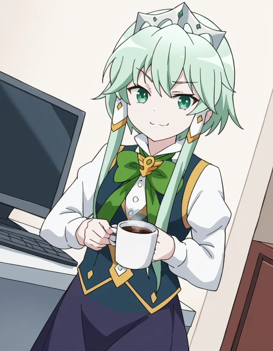 score_9, score_8_up, score_7_up, source_anime, <lora:lucia-rea-regulus-s2-ponyxl-lora-nochekaiser:1>, lucia rea regulus, long hair, green eyes, sidelocks, green hair, hair tubes, short hair with long locks,, skirt, long sleeves, dress, bow, pantyhose, bowtie, black pantyhose, green bow,, home office, working from home, computer screen, coffee cup, focus, deadline, , smug, looking at viewer, solo,, dutch angle, cowboy shot
