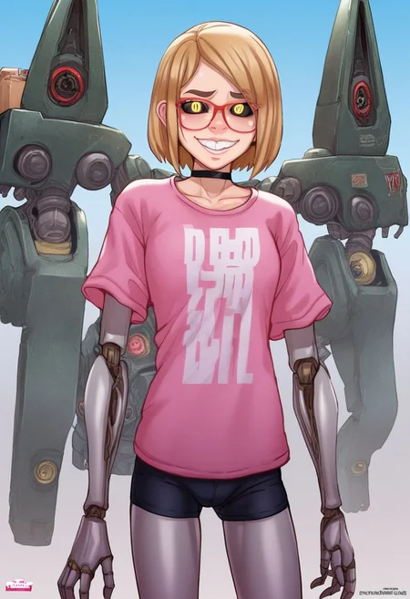 score_9, score_8_up, score_7_up, score_6_up, source_carton, rating_explicit  , BREAK,Robot girl, Mecha, Android, mechanical limbs, robot joints, metal skin, black sclera, no mouth, armor, glowing eyes, no face, darcy, 1girl, red-framed eyewear, short hair, teeth, uncensored, yellow eyes, blonde hair, smile, looking at viewer, choker,t-shirt,standing,  shorts