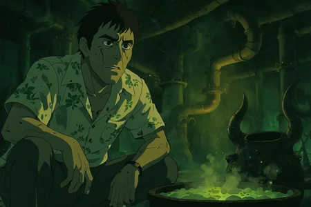 cinematic still, Tony Montana, crouched beside bubbling vats in open floral shirt stained white with powder, curved horns gleaming, medium close-up, low-angle, setting: subterranean warehouse lit by molten pipes and steam, mood of dark fascination and creeping dread, greenish refinery glow with smoky backlight, color theme of toxic lime, slate grey, and smoked quartz, style reference 1980s Studio Ghibli–inspired Japanese animation still
