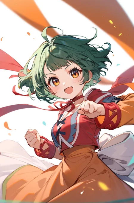 score_9, score_8_up, score_7_up, source_anime,
simple background, blurry background,
cowboy shot, upper body, fighting pose,
looking at viewer, open smile, blush, medium breasts,
<lora:farah_autismConfetti_v02:1>white footwear, white shoes, pink legwear, farahBase, ahoge, green hair, short hair, brown hair, long dress, orange dress, multi colored dress, orange long sleeves, (wide sleeves:0.6), neck ribbon, waist ribbon, red camisole, short bangs,, zPDXL