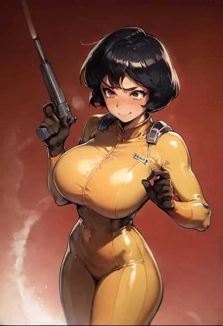 score_9, score_8_up, score_7_up, score_6_up, score_9, score_8_up, score_7_up, score_6_up source_anime, blush, 1girl, seduce smile, perfect body , natural huge breasts,1girl,solo,red background,<lora:Gun barrel sequence v2:1> alex in a yellow bodysuit is standing inside a large pipe in the end shooting gun at camera is seen through a tunnel hole, black hair, brown eyes