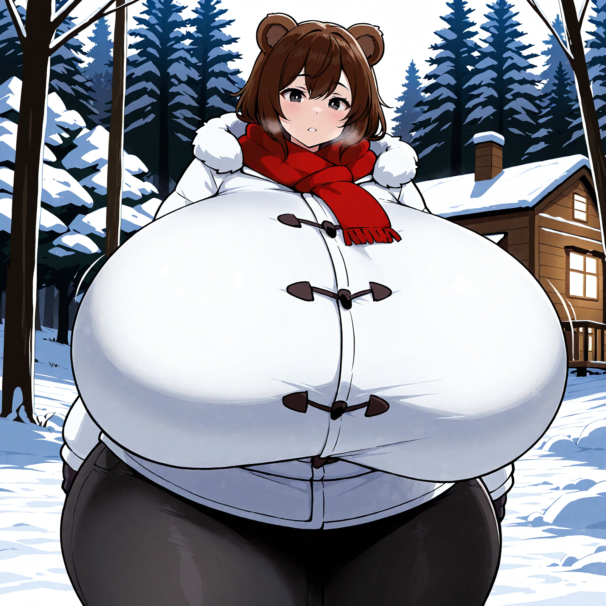 (masterpiece), best quality, (highly detailed), 1female, solo, <lora:Takano_style_Illustrious:0.8>, bear ears, brown hair, black eyes, hyper breasts, wide hips, white winter coat, pants, fitting clothes, forest, snow, cabin, red scarf, looking at viewer, blank expression,