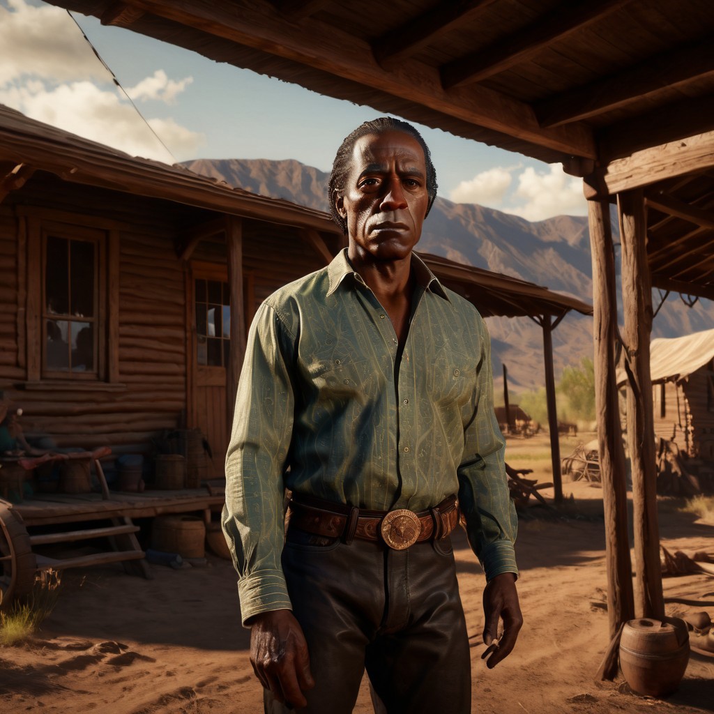 cinematic film still, lifestyle shot
saturated colors,  
negative space, 
1 adult man, 
RDR2Charles, black hair, brown eyes, long hair, dark skin
(breaking bad style), face of Gus Fring, dark complexion, black hair,  curly hair, elegant shirt, clean shaven
leading lines, ray tracing, 
backdrop is a cowboy camp in 1899, 11am.
