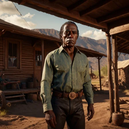 cinematic film still, lifestyle shot
saturated colors,
negative space,
1 adult man,
RDR2Charles, black hair, brown eyes, long hair, dark skin
(breaking bad style), face of Gus Fring, dark complexion, black hair, curly hair, elegant shirt, clean shaven
leading lines, ray tracing,
backdrop is a cowboy camp in 1899, 11am.