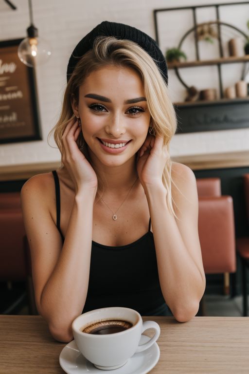 DV_Darlene_Vicious, dan1ela-001, extreme close-up portrait image, cute adorable petite 18-year-old caucasian girl with (gigantic tits in spaghetti strap top), in a coffee shop, pov across table, beautiful girl leaning in toward camera, leaning close to camera, smirk, smile, sitting in front of table with steaming cup of coffee in front of her, wearing spaghetti strap top, cute pose, adorable pose, facing camera, front view, straight on angle, image takes place in a cute Italian coffee shop, pretty elegant blonde hairstyle, (beautiful blonde hair), cute blonde hair, gorgeous eyes, beautiful face, smiling, massive gigantic breasts, (sfw), (realistic photograph), photorealistic image, real life,(close-up),(front view),(face in view:1.2), facing camera, straight on angle, close-up in front of camera, OverallDetail, stunning blonde girl, beautiful elegant blonde in a coffee shop, huge breasts in spaghetti strap top, close portrait, ((facing camera straight on resting chin on hands)), ((elbows on table resting head in hands pose))