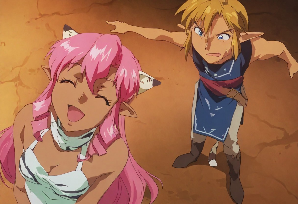 Pink_DragonPink, 1girl, sleeveless dress, white tiger print dress, pelvic curtain, cleavage, white tiger tail, red sash, small breasts, leather shoes, masterpiece, very aesthetic, cute face,<lora:pink-illustrious:1>
(anime, anime coloring:1.3),1boy,Anime screencap,link (zelda),blonde hair,blue eyes,pointy ears, wearing blue hyilian tunic,
Dragonpink and link dancing together, holding each other close, laughing and smiling